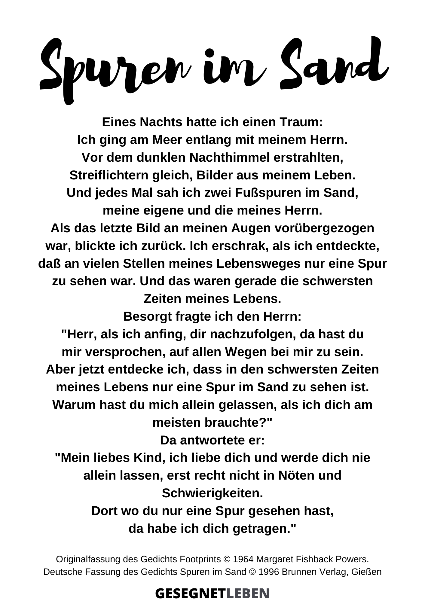 Spuren im Sand - PDF und Text zum Ausdrucken - Gesegnet Leben